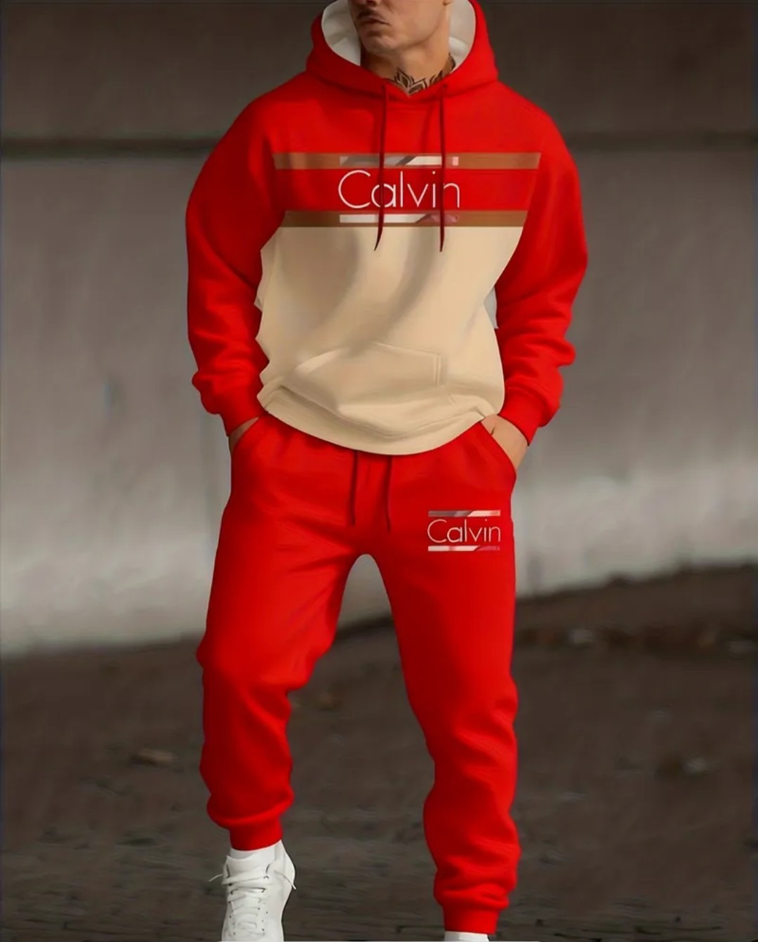 Calvin Colorblock Tracksuit Set Hoodie & Pants Red Beige Men 2 Piece