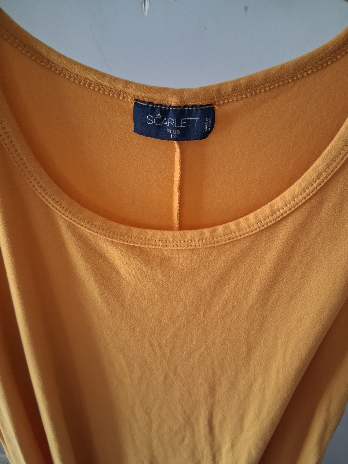 Scarlett Yellow Solid A-Line T-Shirt Dress 1X Plus Scoop Neck Short Sleeve