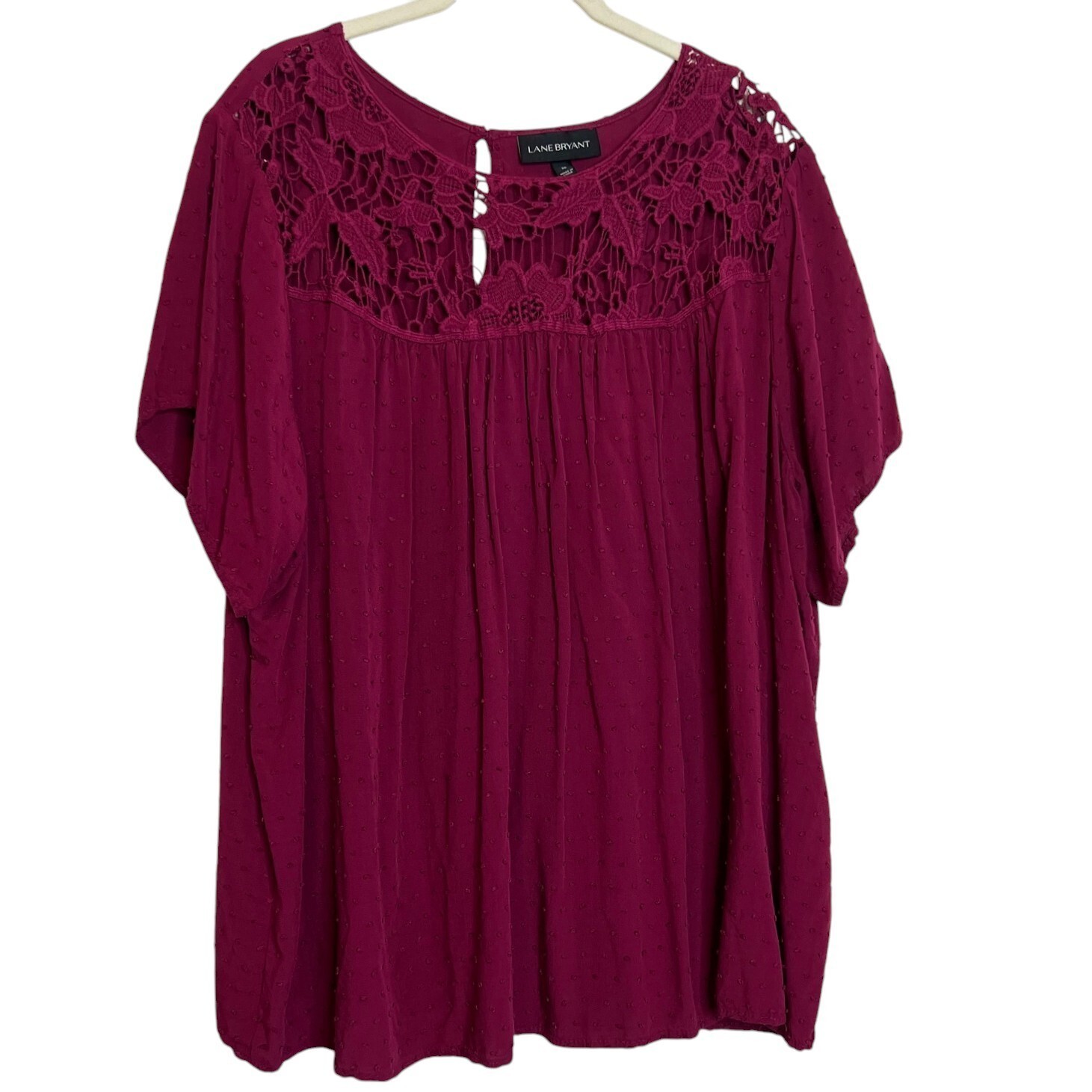 Lane Bryant Womens Swiss Dot Blouse Size 20 Raspberry Crochet Accents Boho