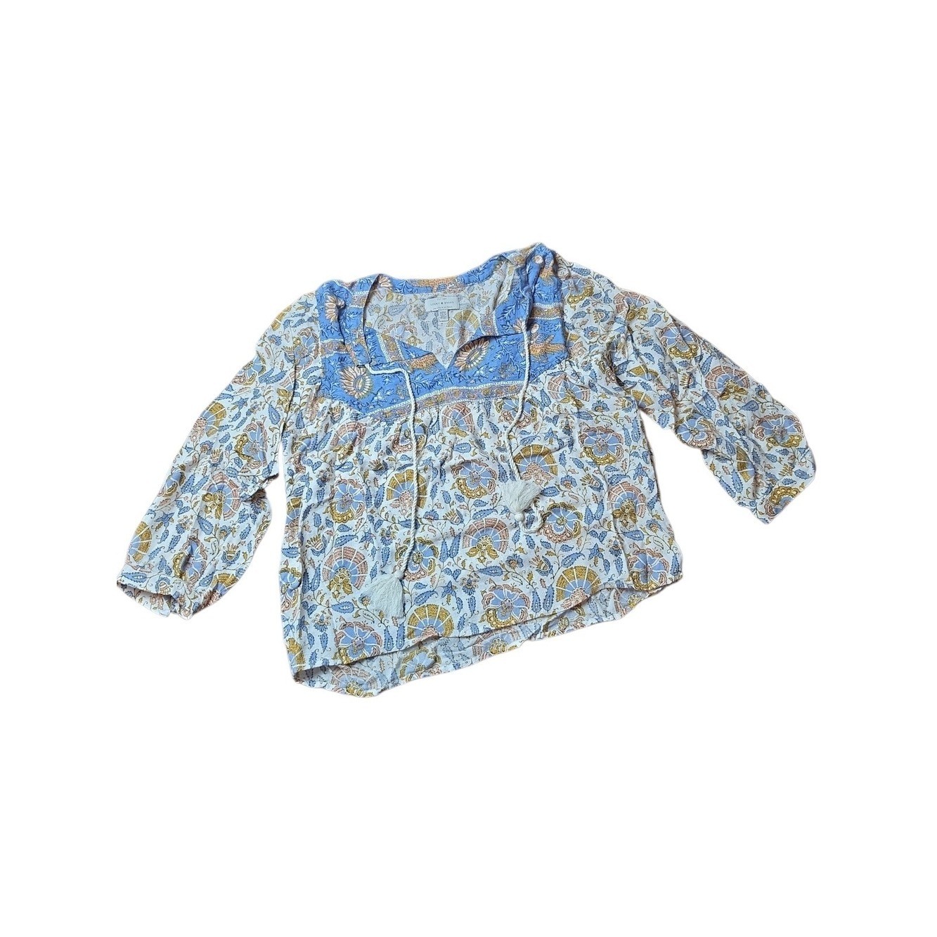 LUCKY BRAND | Boho Peasant Tassel Tie Floral Paisley Blouse Flowy Viscose | M