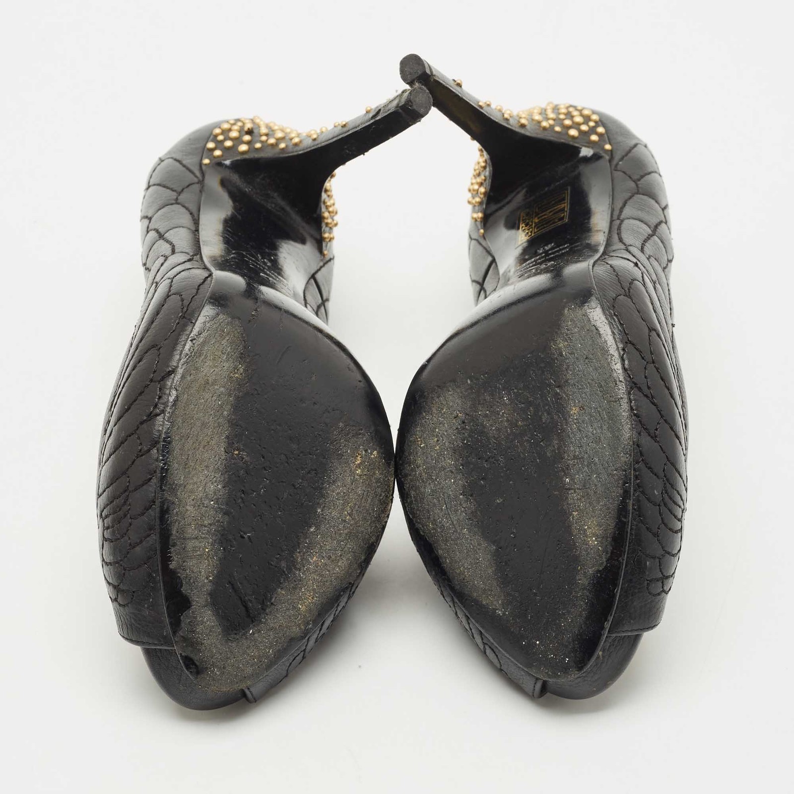 Alexander McQueen Black Leather Crystal Embellished Skull Detail Peep Toe