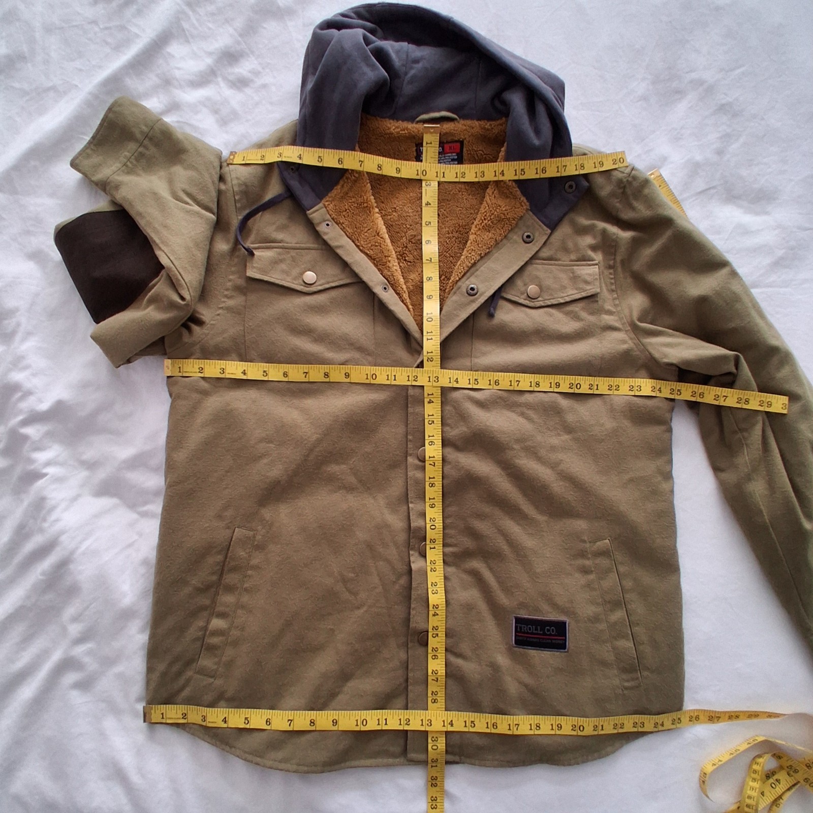 Troll Co Canvas Chore Coat Barn Jacket Mens XL Elbow Patches Lined Green Hooded