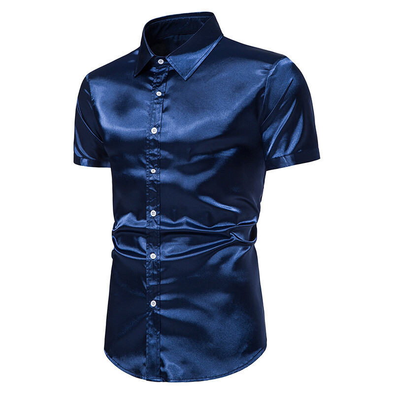 Men Faux Silk Satin Glossy Tops Short Sleeve Shirt Fit Button Stage Costumes Top