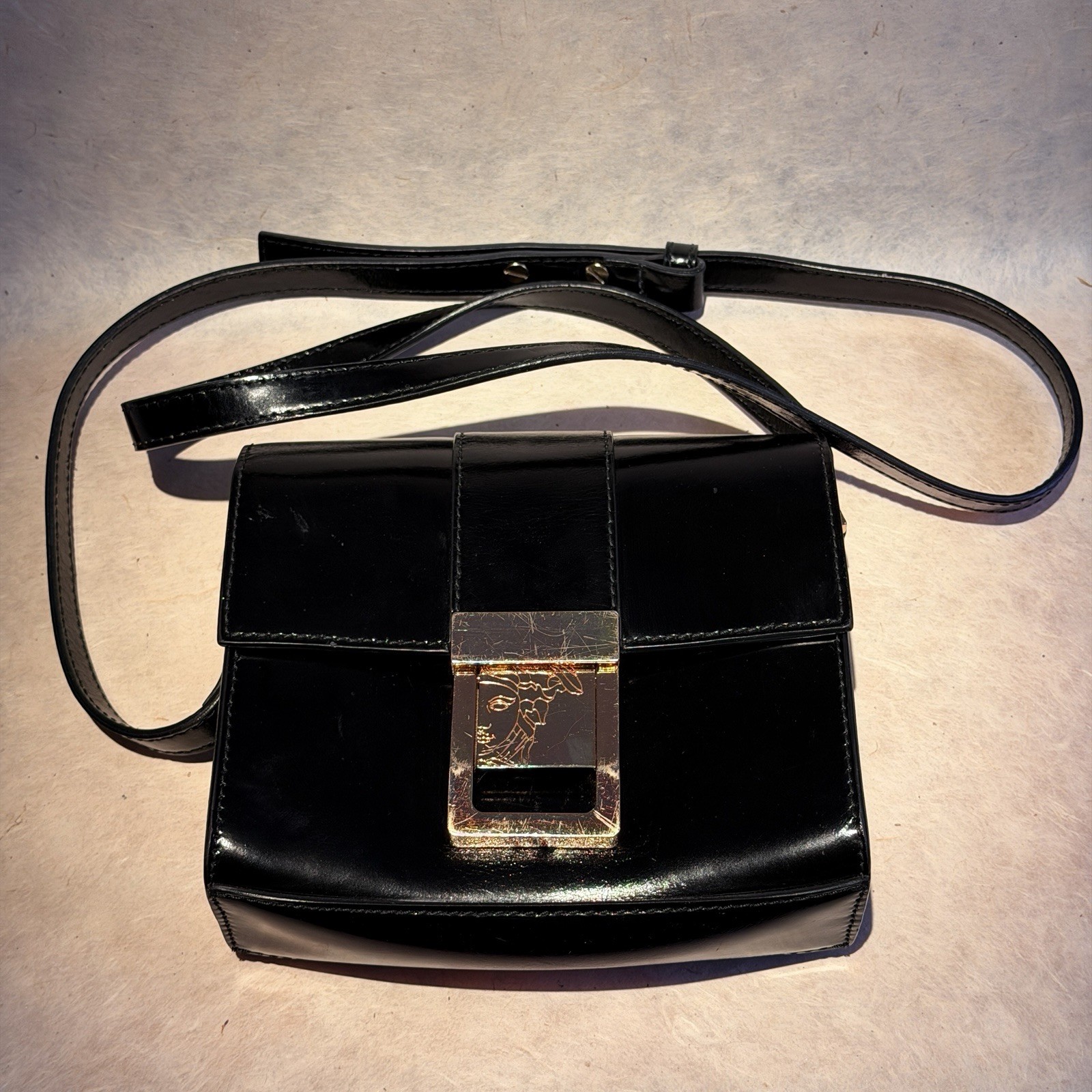 Authentic Versace Collection Black Patent Leather Crossbody Bag Medusa Clasp