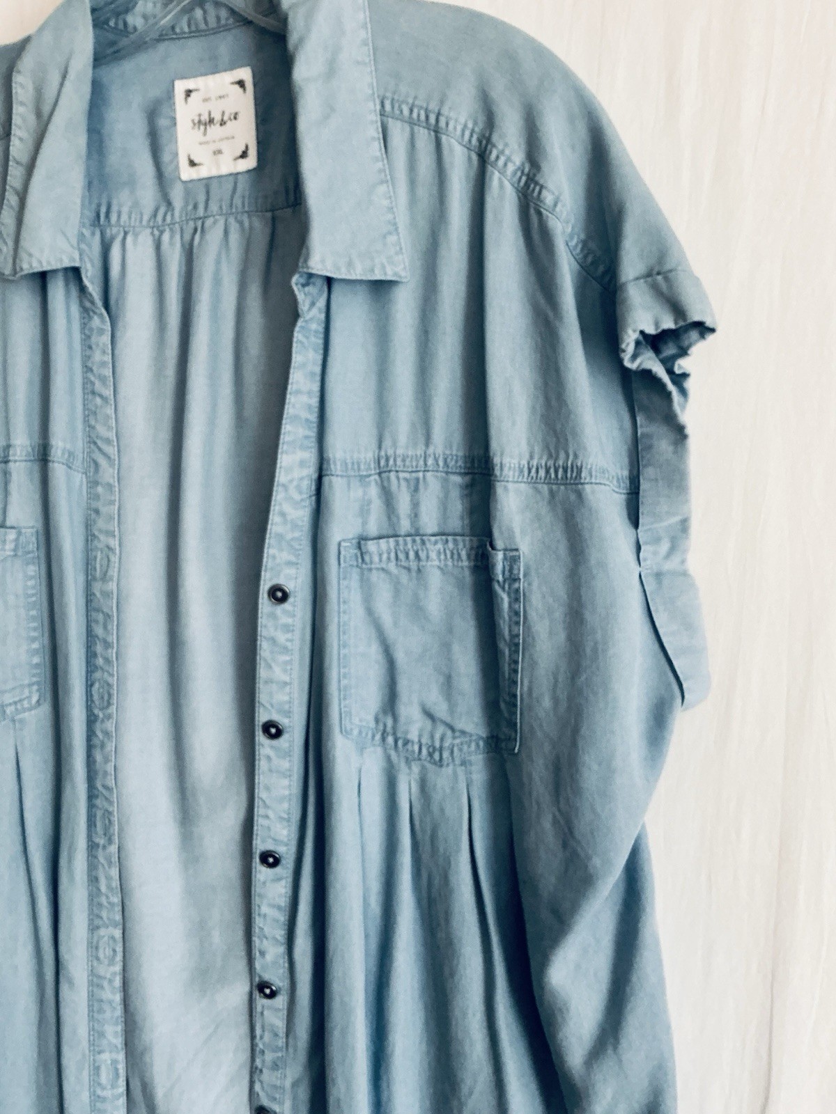 Style & Co XXL Blue Blouse Button Up Casual Cap Sleeve Pockets Collared Lyocell