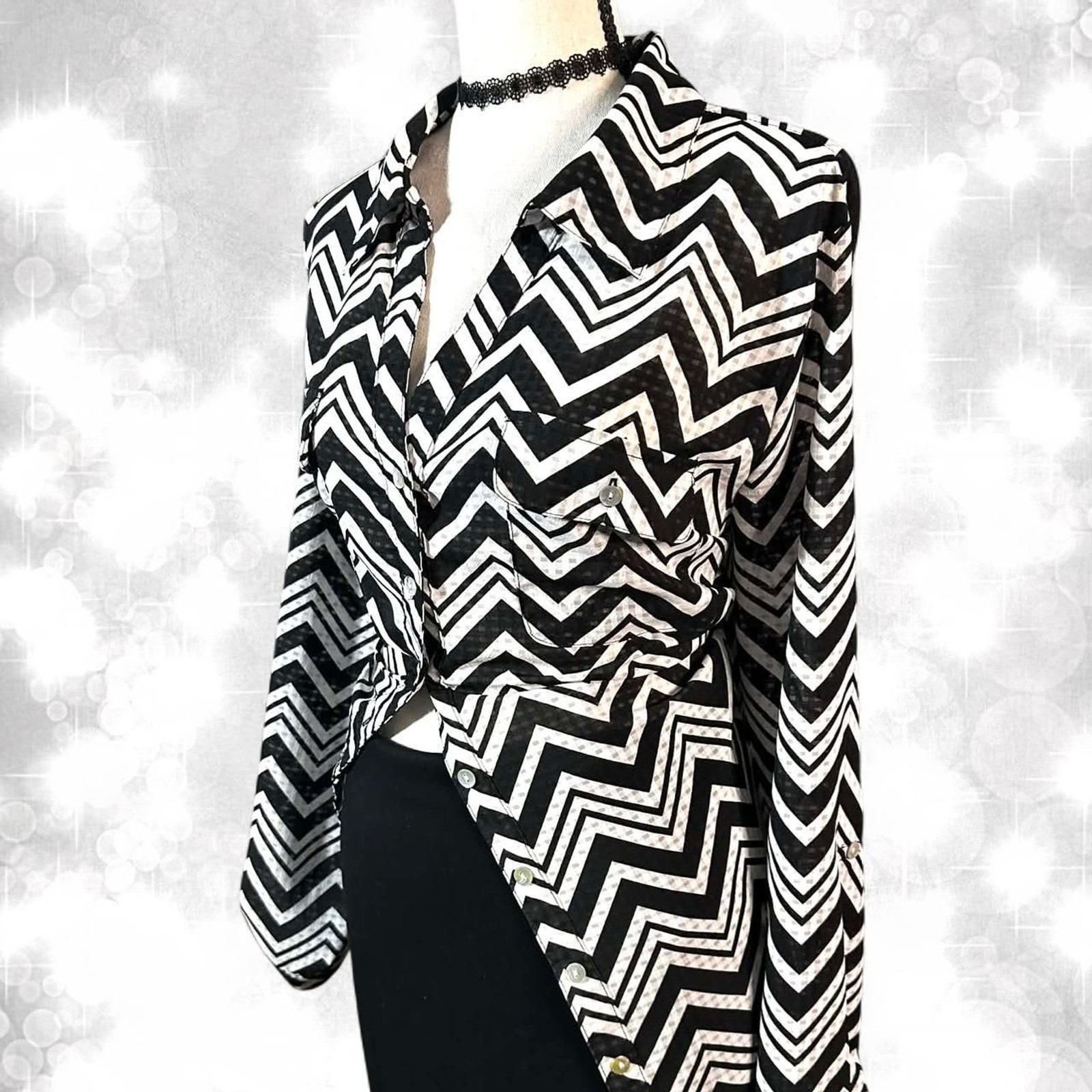 Office siren chic chevron patterned long sleeve button up top