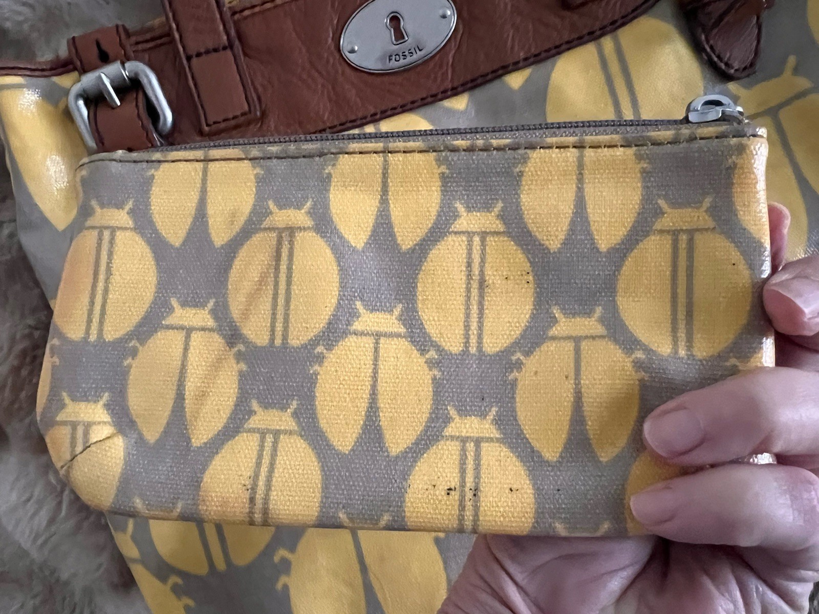 Fossil Key Per Yellow Coated Canvas Leather Trim Ladybug Printed Tote Bag