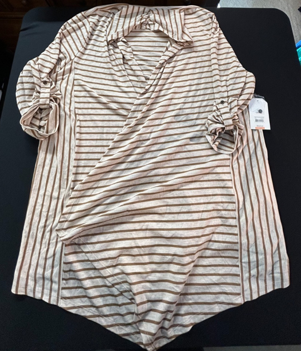 NWT Faded Glory Womens 1X 16W Cardigan Open Front Wrap Tan Cream Stripe Tab