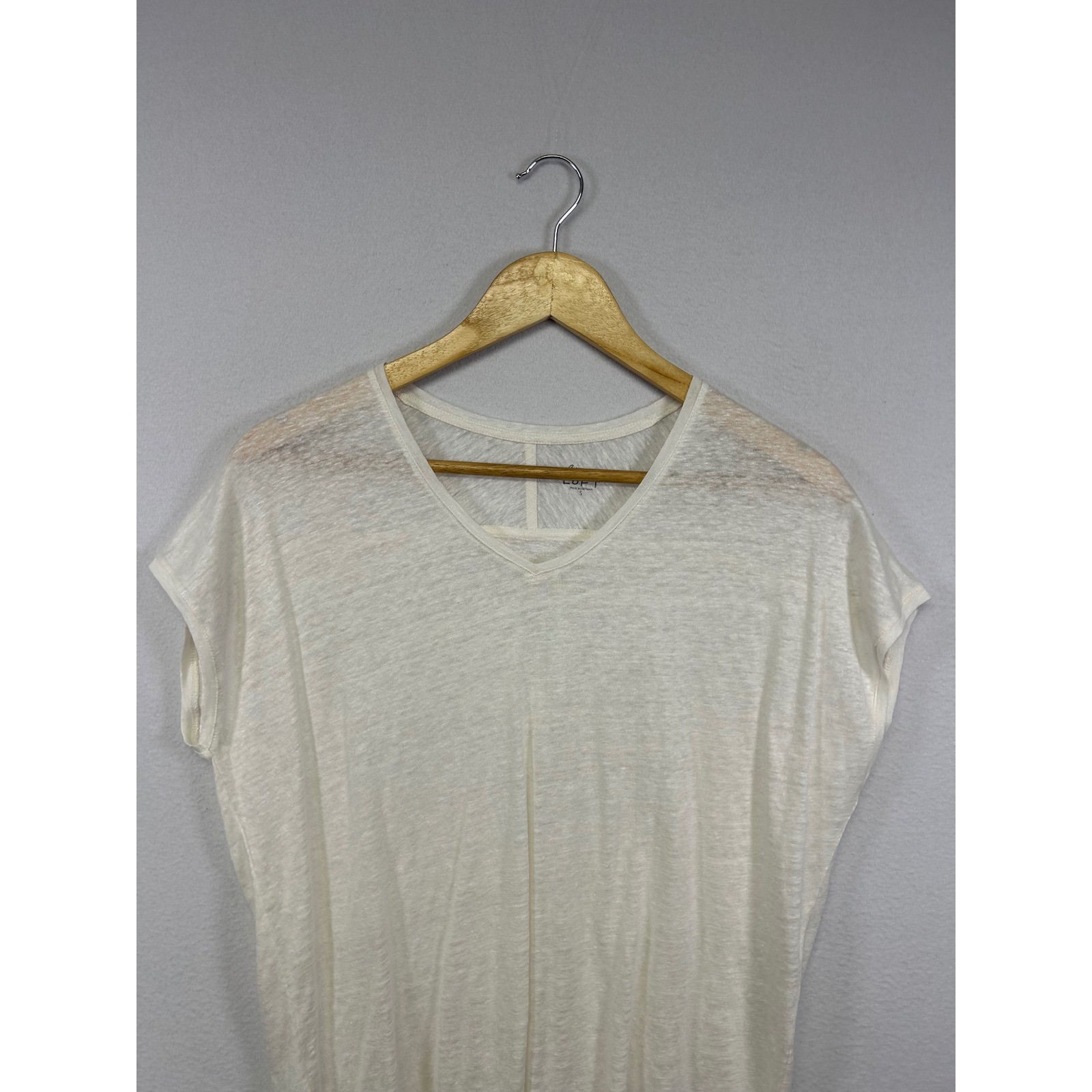 Coastal Minimalist Loft Womens Small Ivory 100% Linen V-Neck Short Sleeve Tee