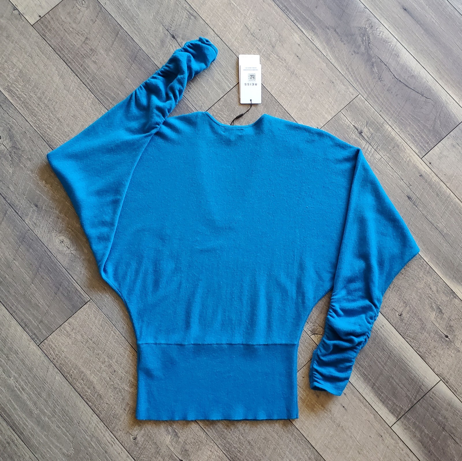 $146 Reiss Jolie Top M Deep V-Neck Jumper Cashmere Wool Ruched Sleeve U74-829