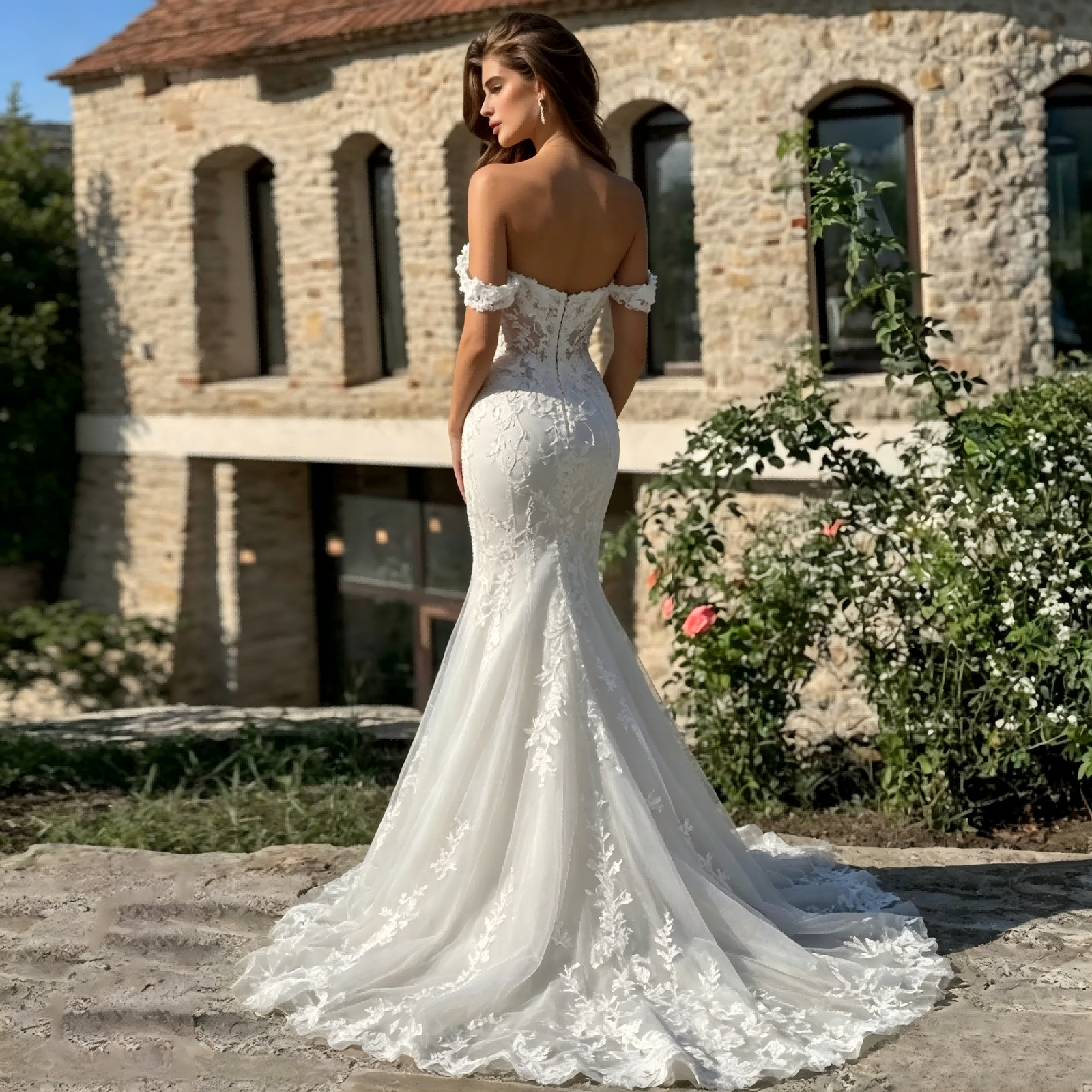 Off Shoulder Mermaid Wedding Dresses 3D Floral Lace Tulle Train Bridal Gown
