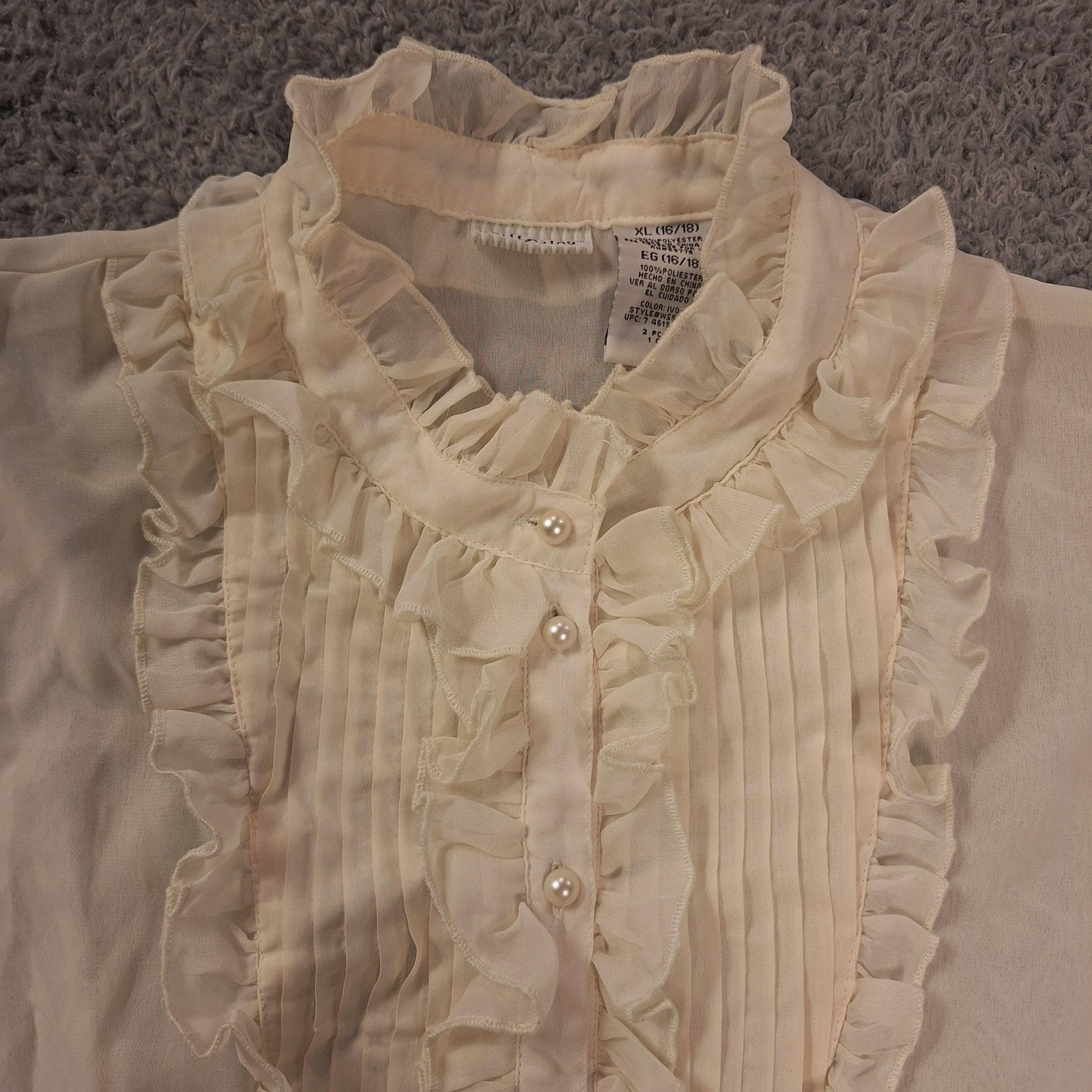 White Stag Blouse Womens XL White Chiffon Sheer Ruffle Faux Pearl Buttons