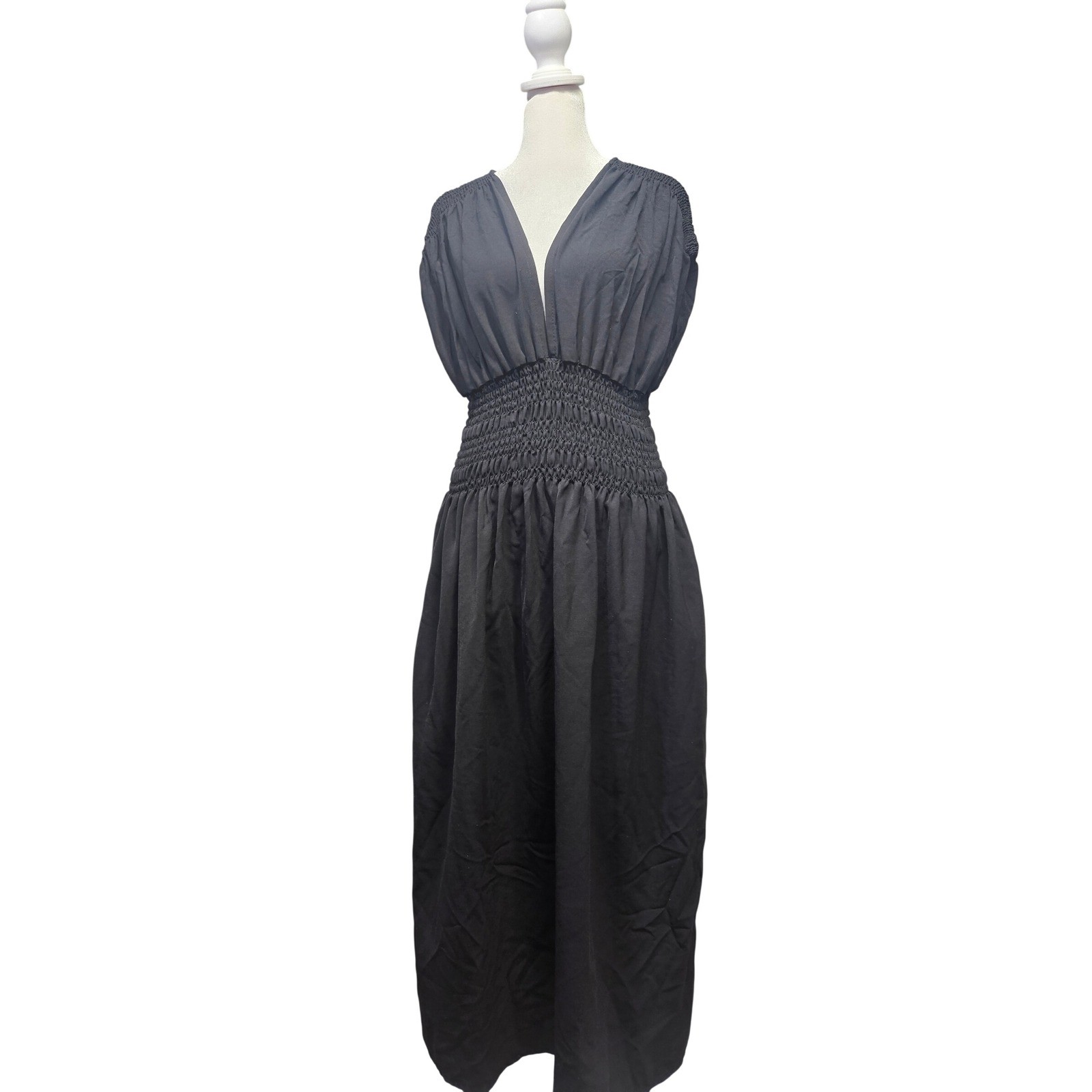Womens Black Smocked Waist DeepV-Neck Open Back Sleeveless Maxi Dress XL Pockets