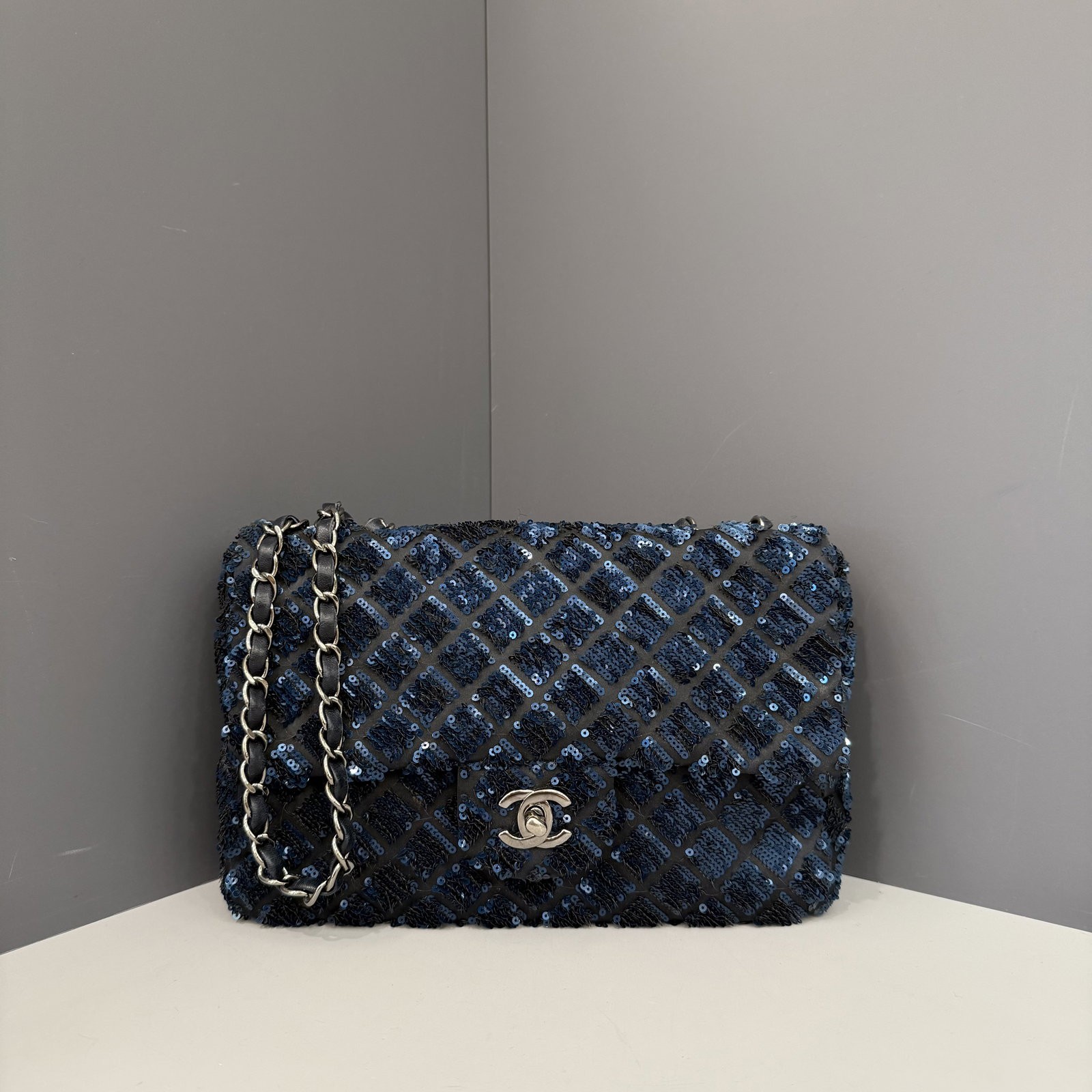 Chanel Medium Single Flap Blue Sequin Lambskin Satin (jx030926a7)