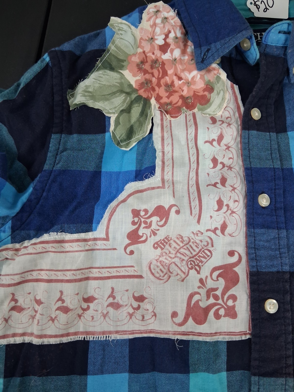 Upcycled Flannel Shirt Shacket Womens M Bleached Mushrooms Lace Crochet Cottage