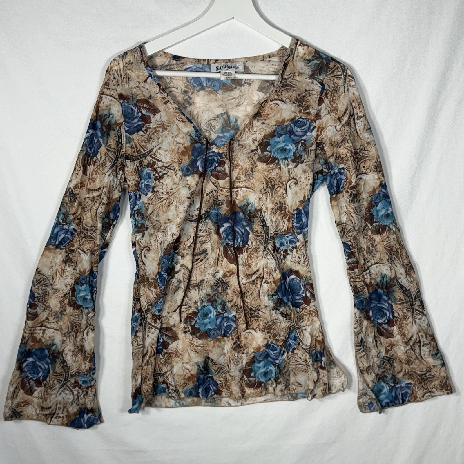Vintage 90s Y2K Floral Long Sleeve Mesh Top Blue Boho Festival Indie Fairy Grung