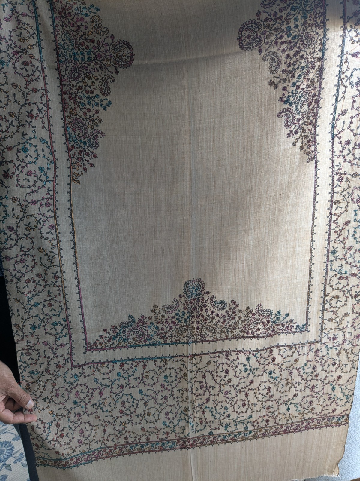 Kashmiri Embroidered Pashmina Shawl / Wrap Beige color hand made size 80″.x 29″.