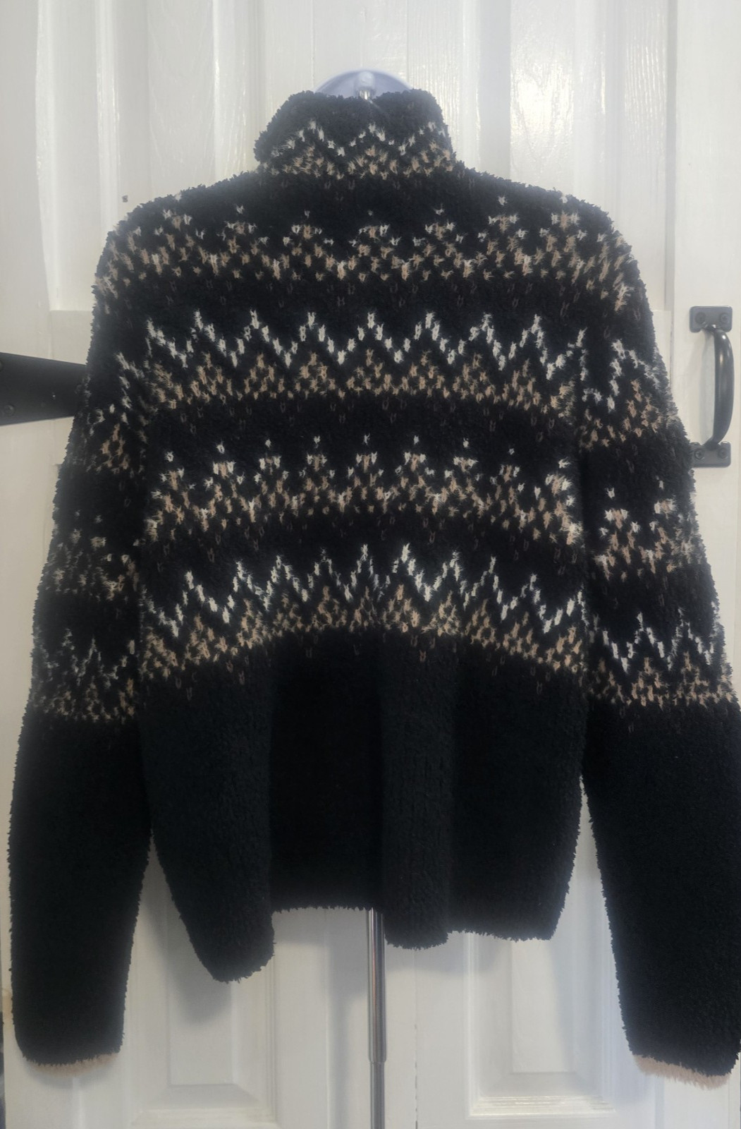 Natural Reflections Quarter Zip Pullover Women M Black Fair Isle Cabin Gorpcore