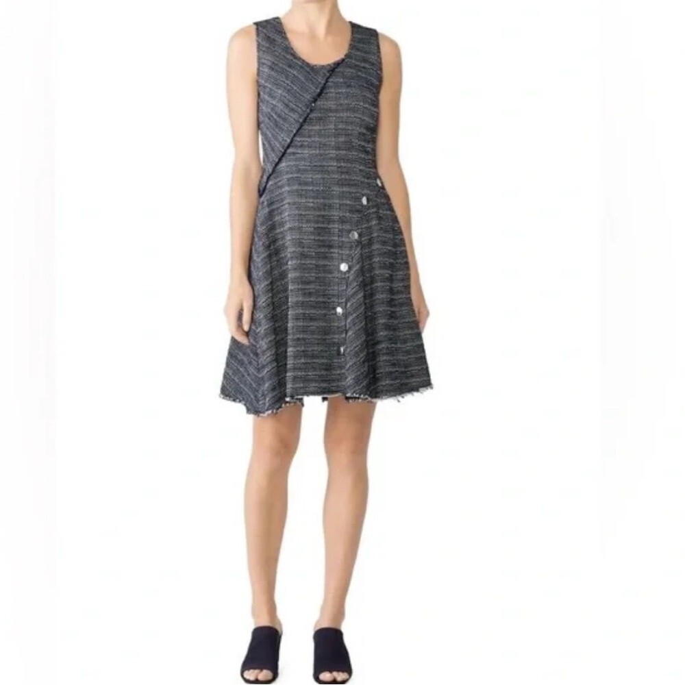 Derek Lam Blue Gray Tweed Size 2 Button Accent Sleeveless Womens Designer Dress