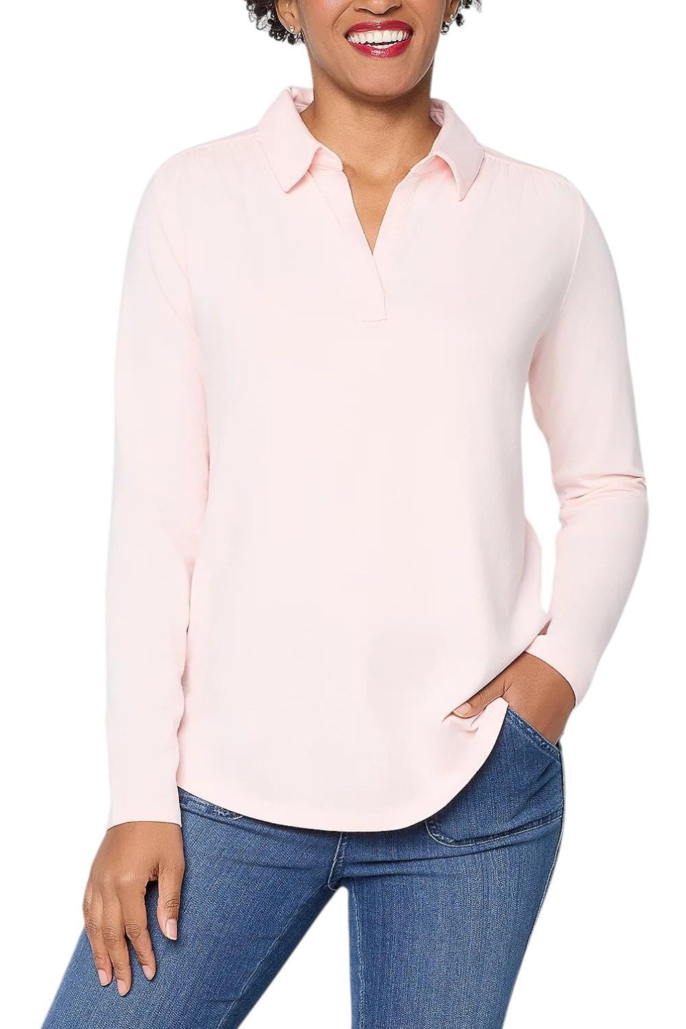 Belle by Kim Gravel Women’s Primabelle Johnny Collar Top Ruching Pink
