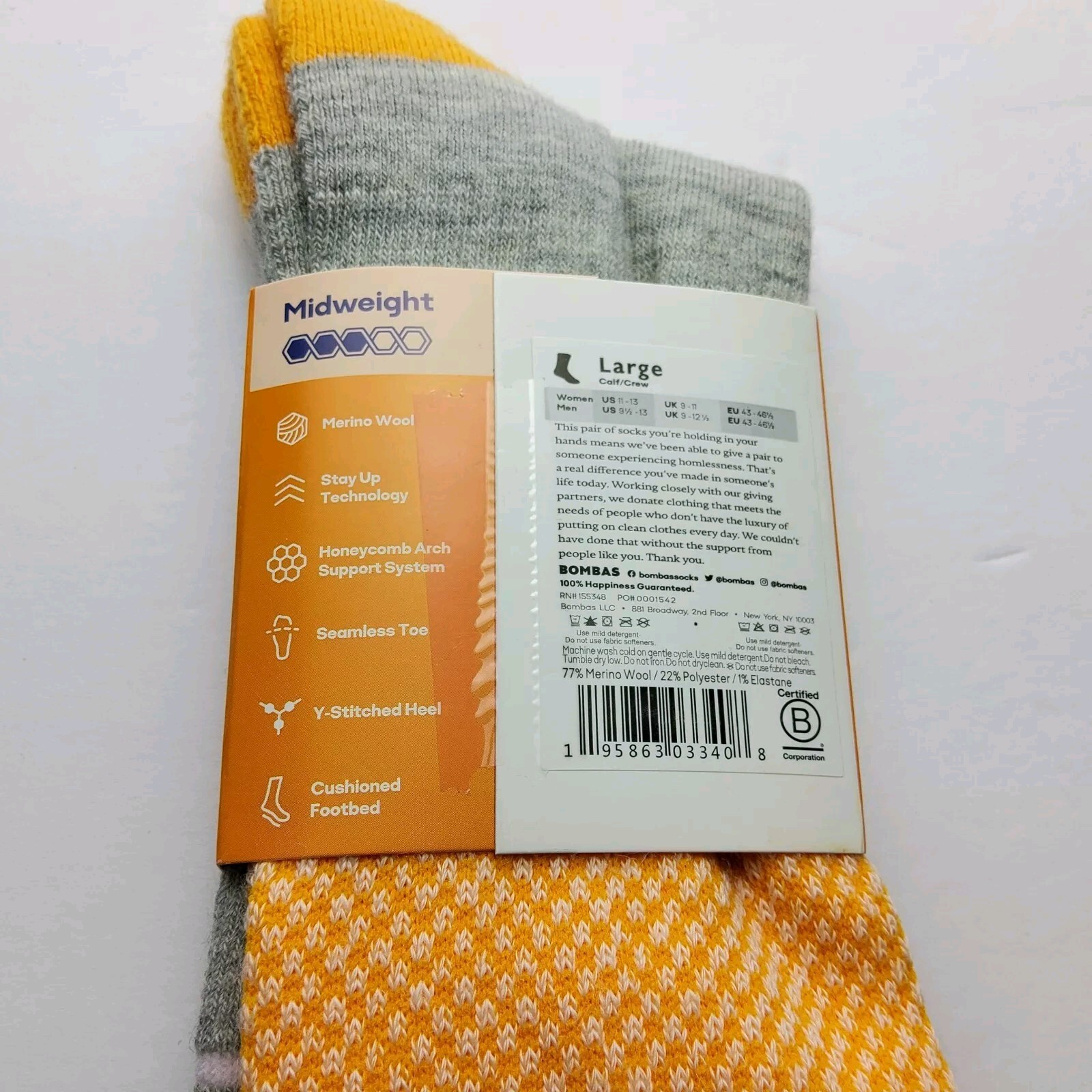 Bombas Merino Wool Blend Midweight Crew Socks Size L (Men’s 9.5-13, Wo 11-13)
