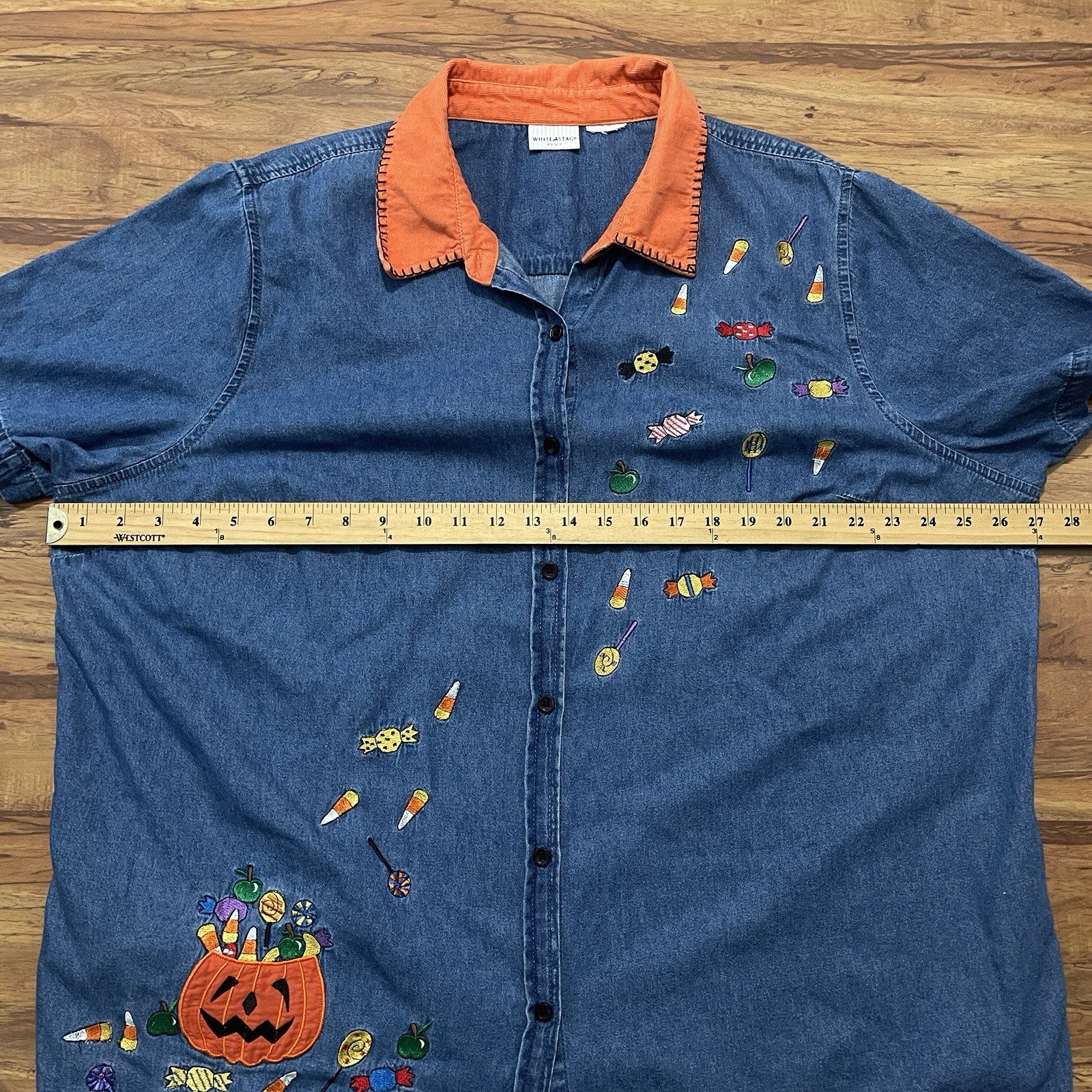 White Stag Plus Halloween Denim Shirt Womens 26W 28W Button Up Embroidered Fall