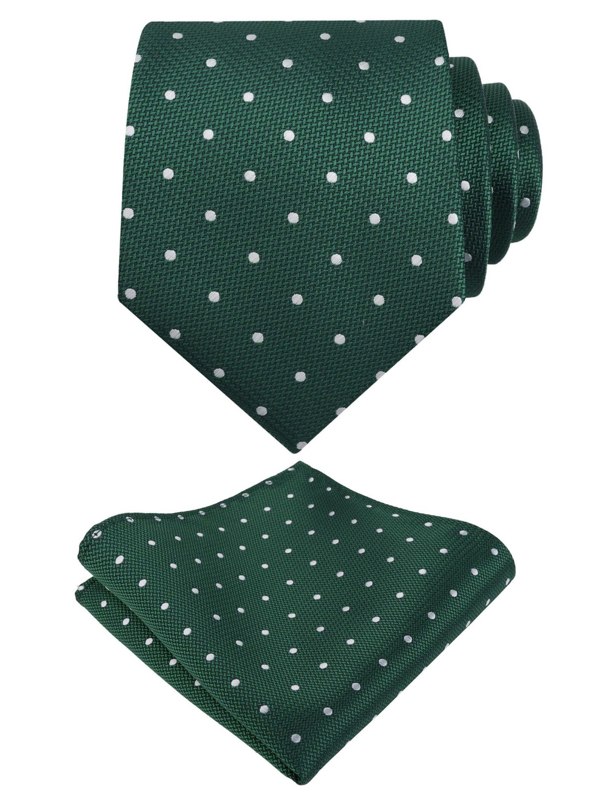 Mens Dot Pattern Tie with Pocket Square 3.15inches Necktie Set, Dark Green+White