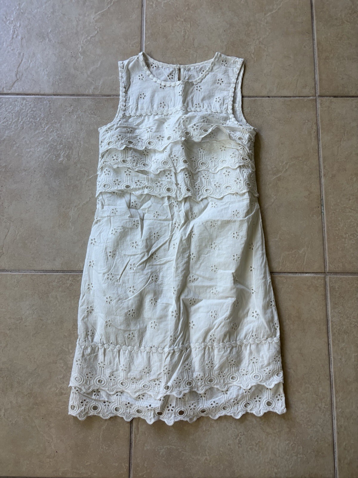 J.CREW White Solid Eyelet Cotton Tiered Ruffle Layered Sleeveless Dress 0