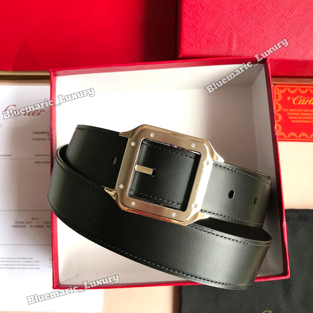 CARTIER Santos De Cartier Black Leather Belt Steel Buckle Men Luxury