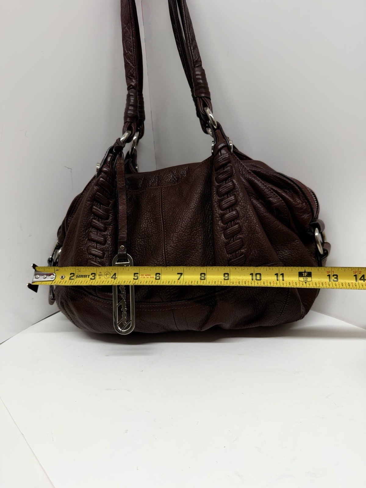 B. Makowsky Brown Pebbled Leather Shoulder Bag Satchel Purse Braided Handles
