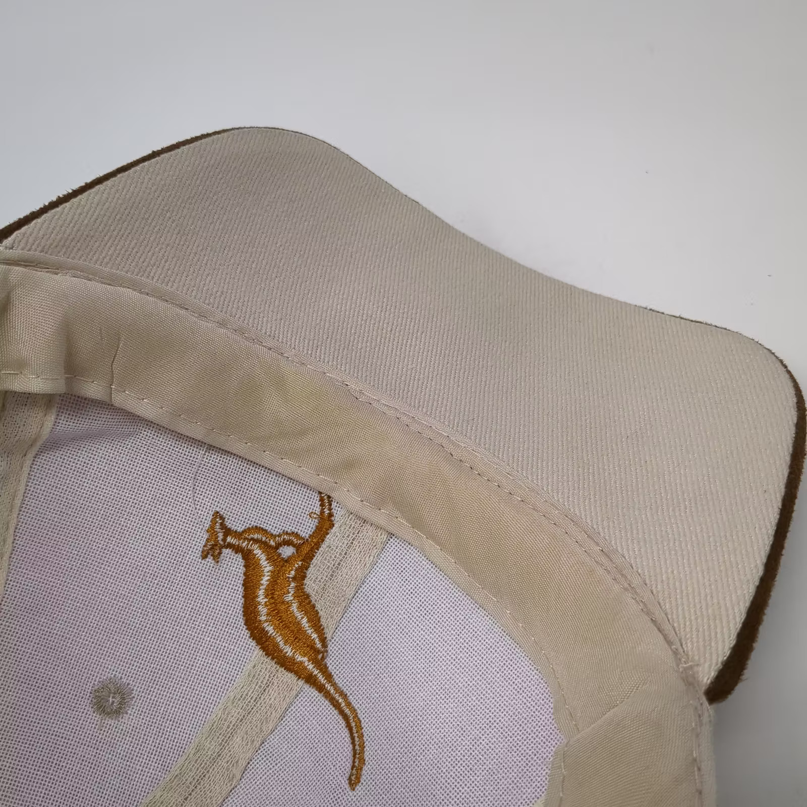 Beige Brown Baseball Cap Hat Gold Embroidered Kangaroo OS Strapback Suede Brim