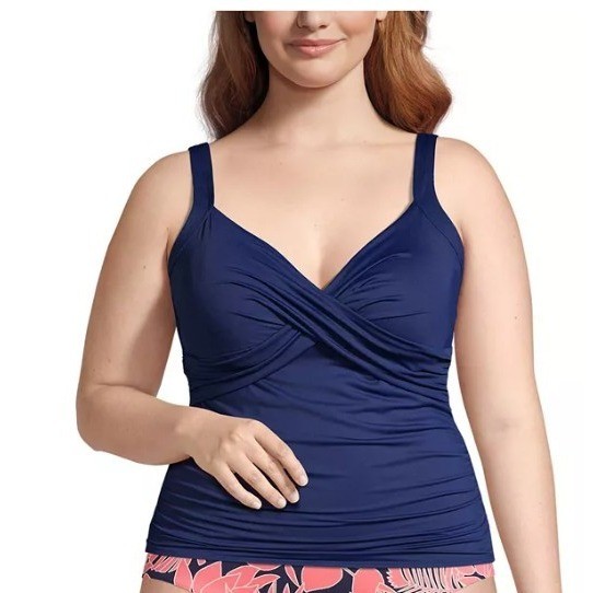 Land’s End Deep Sea Navy Blue Sweetheart Wrap Underwire Tankini Swim Top 14DD