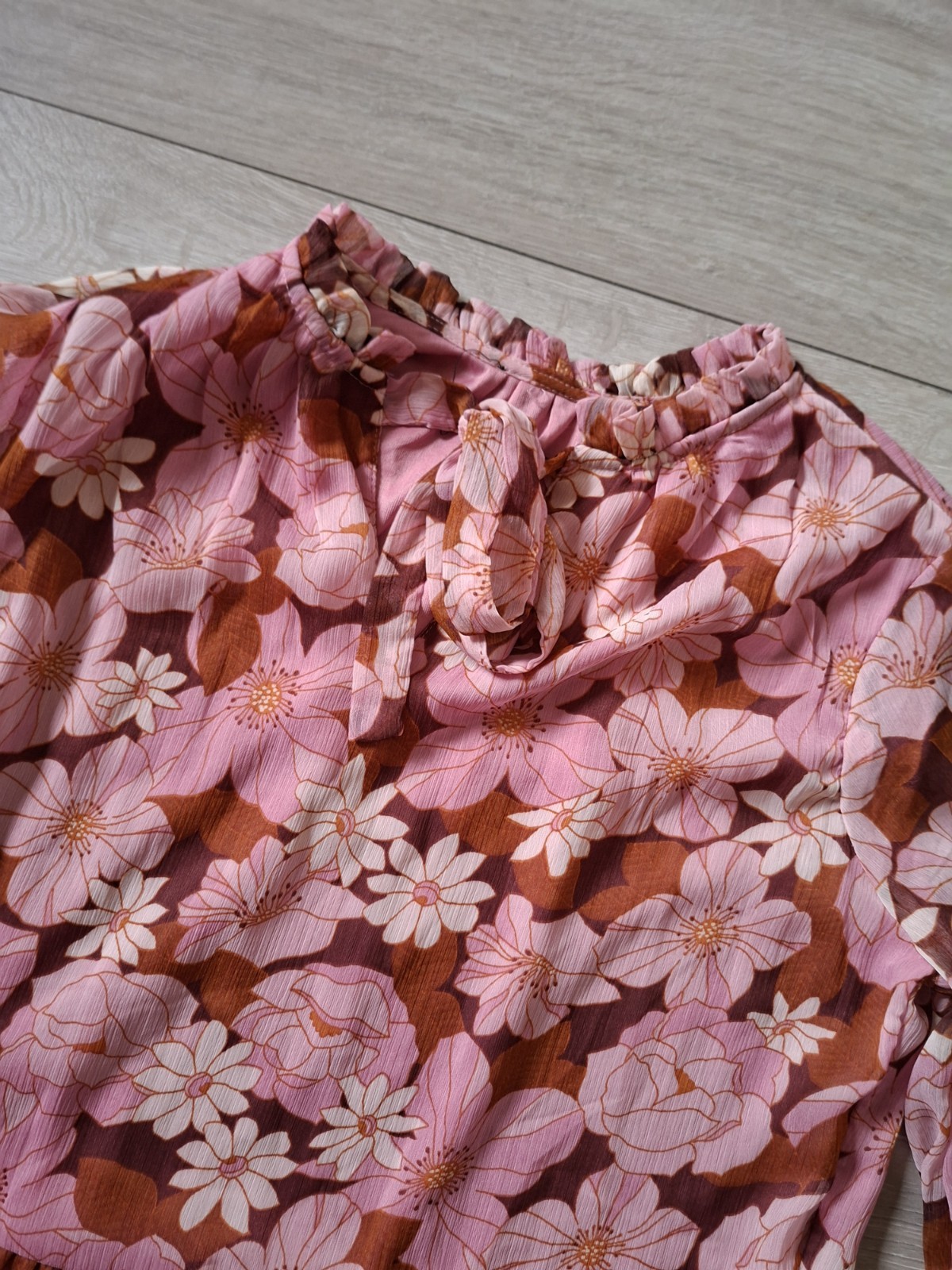 Brown & Pink Floral Flared Smock Dress Tiered Frill Party Sheer Boho Retro UK14