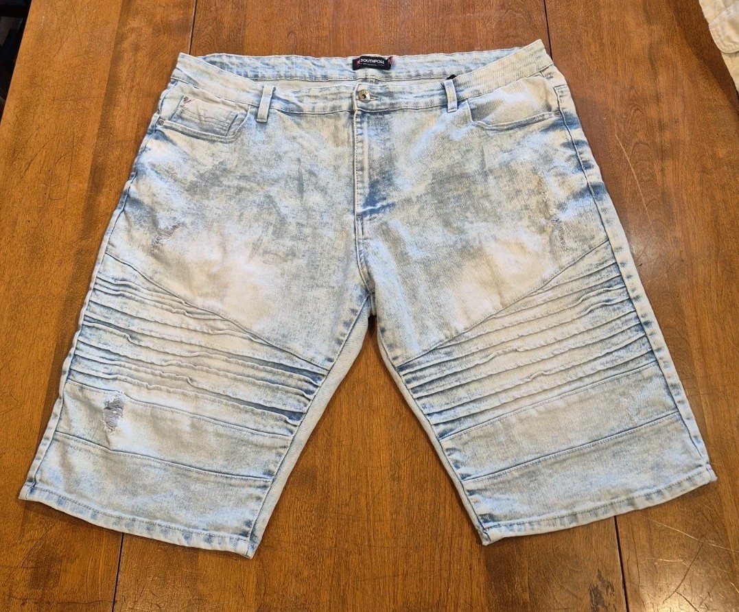 Southpole Vintage Biker Jean Shorts Mens 42 Acid Wash Moto Ribbed Pleated Baggy