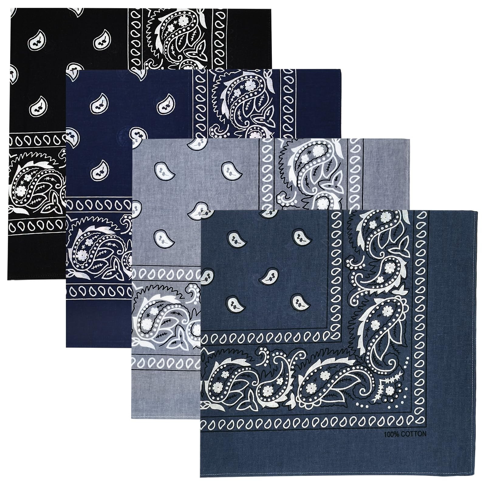 4 Pack 100% Cotton Bandanas 22″x22″ Multi-Purpose Square Scarfs for Men & Women