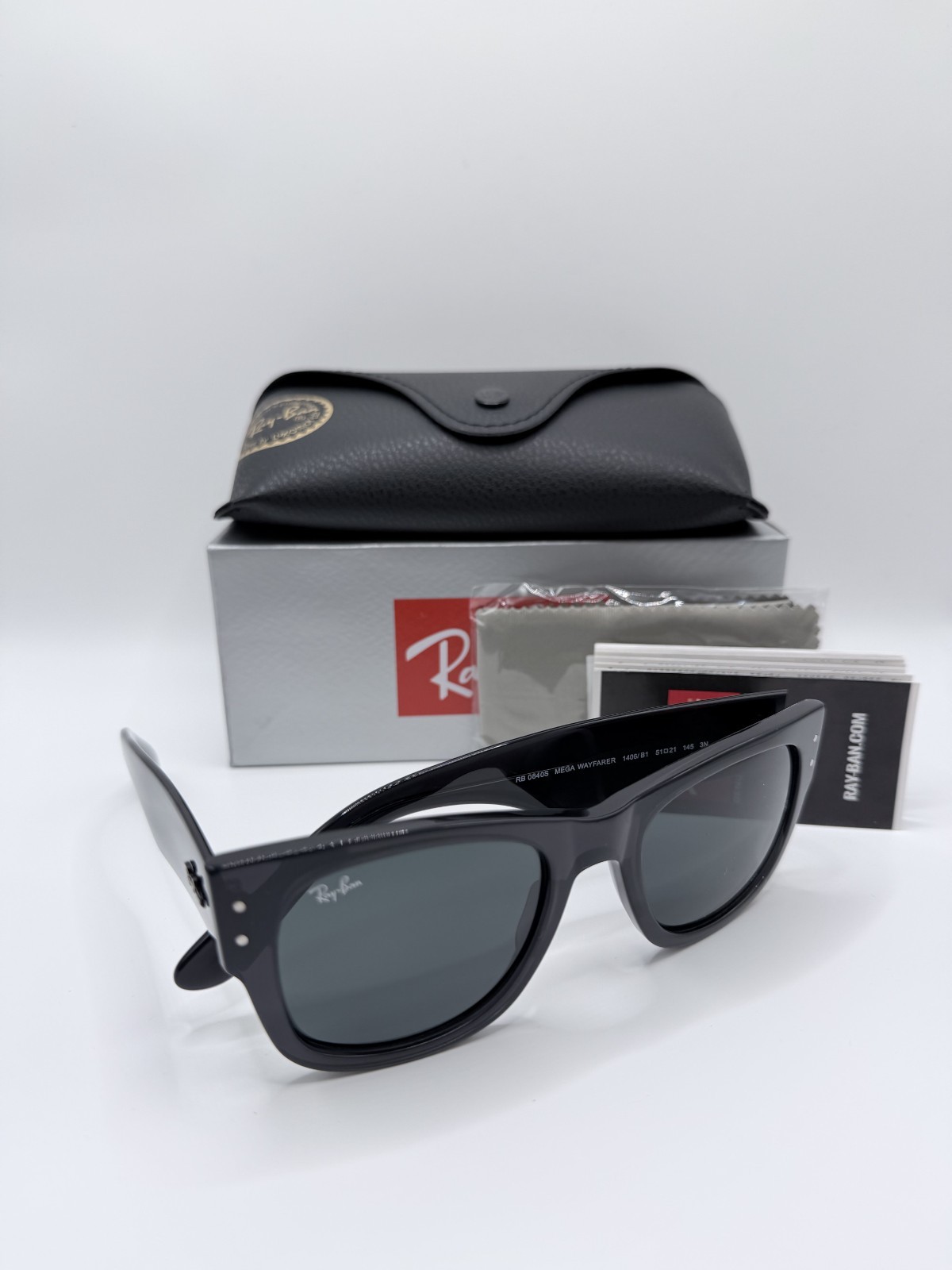 Ray-Ban MEGA WAYFARER RB0840S 1406/B1 Sunglasses Black Frames Gray Lenses 145