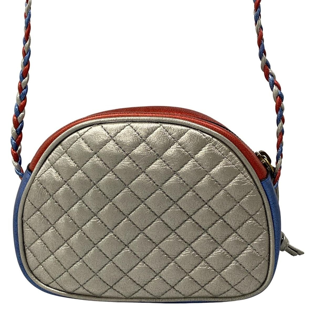 GUCCI Zumi Quilted Metallic Leather Mini Shoulder Bag Blue Red Silver Auth