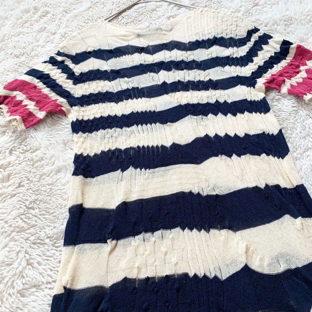 M.&KYOKO Silk Blend Short Sleeve Striped Knee Dress Size 1 Ivory Navy Pink Auth