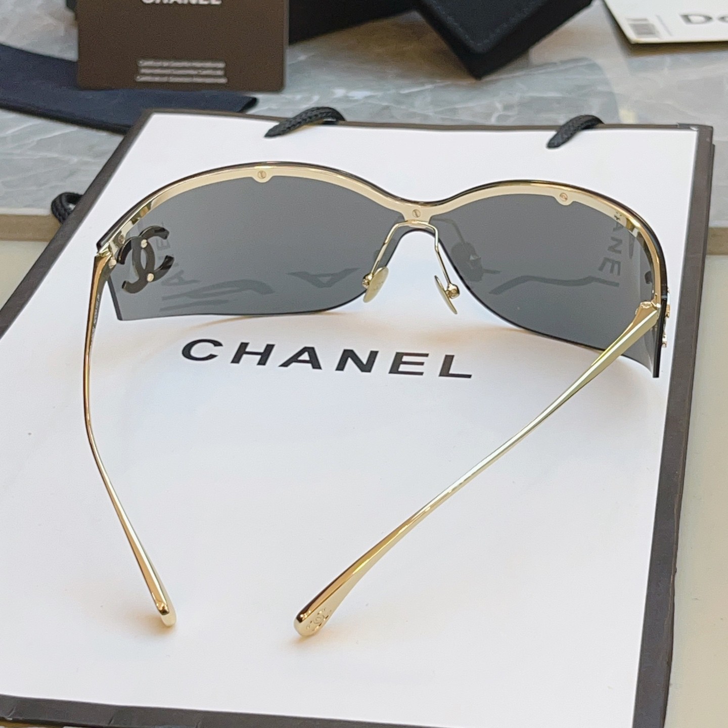 Chanel CH6058 Gold Shield Sunglasses Dark Grey Mirror Lens Large CC Logo Women