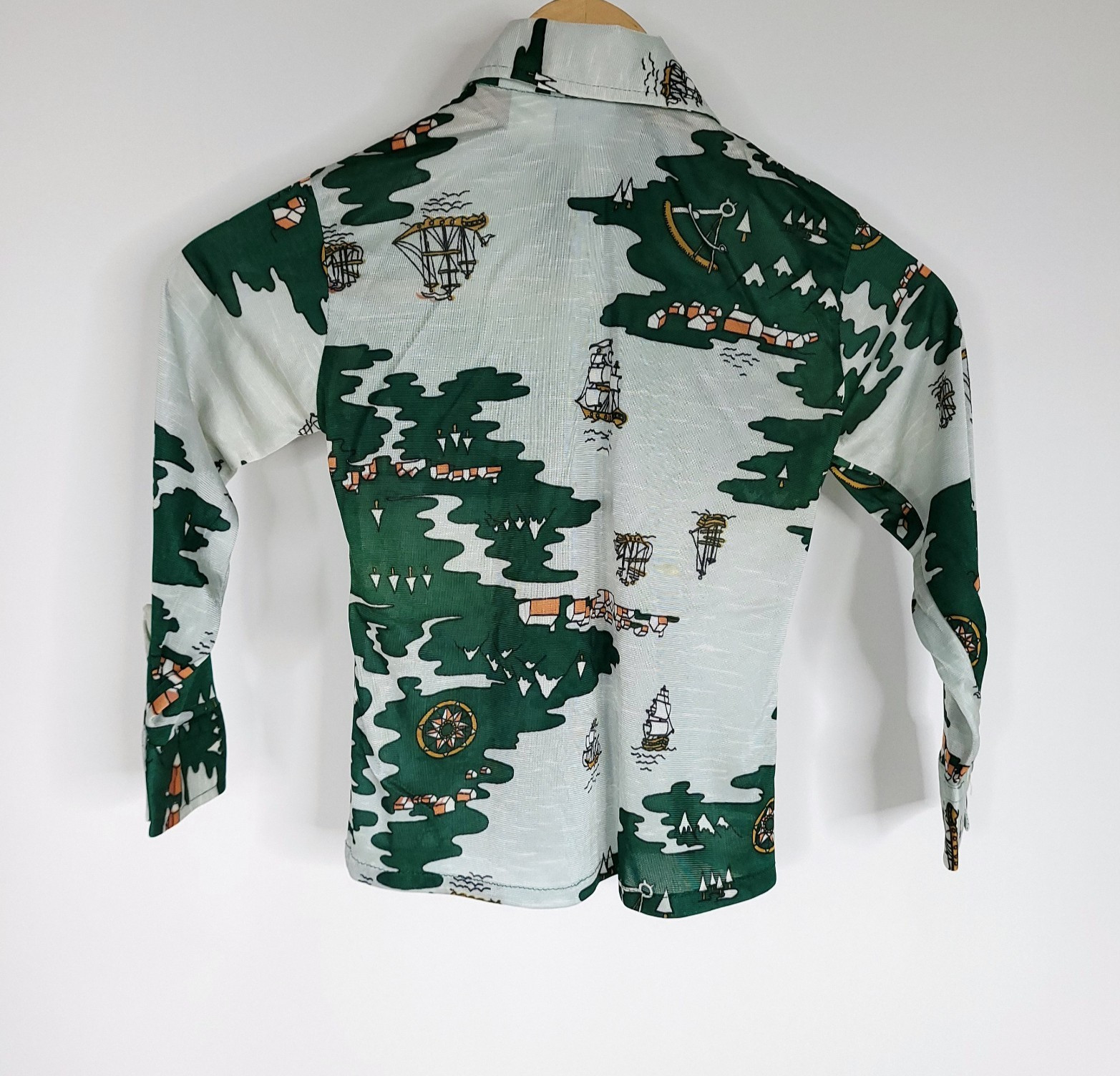 Vintage 70s Dixie Lad Girls Button Front Shirt 6 Green Boat Nautical Retro READ