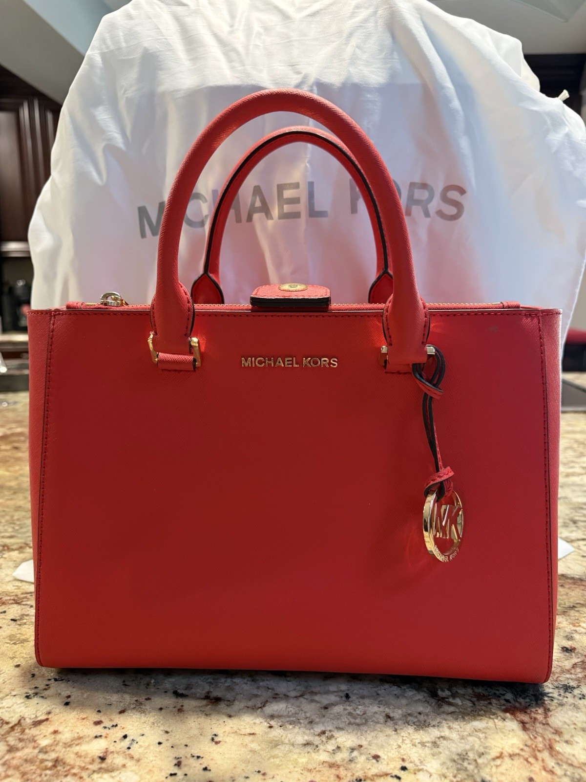 Michael Kors Coral Saffiano Leather Satchel Tote Handbag Gold Hardware Dust Bag
