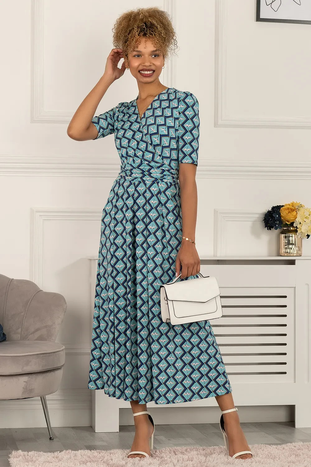 Jolie Moi Paislyn Pleat Jersey Maxi Dress Size 14 Turquoise Blue Geo Bird Print