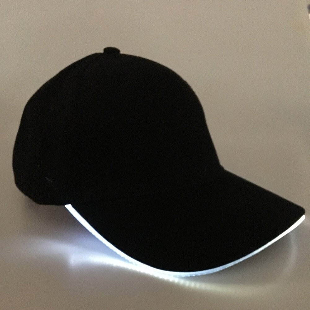 White LED Light Black Baseball Cap Hat Glow Brim Night Party Adjustable -Running