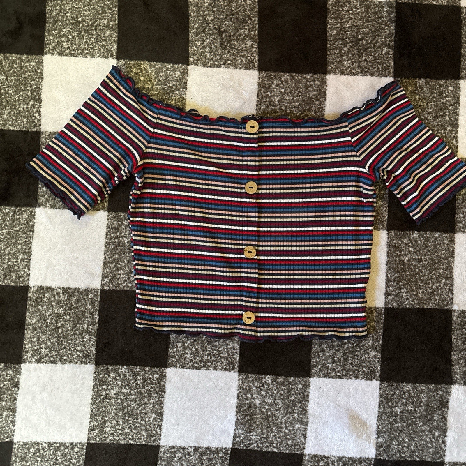 Ambiance Women’s Multicolor Striped Knit Off Shoulder Cropped Button Top M