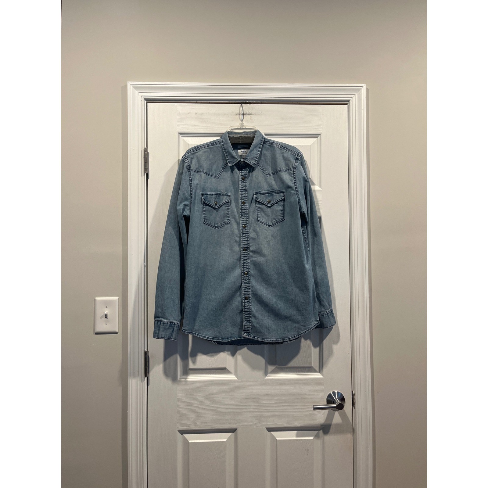 Old Navy Mens Slim Fit Denim Western Shirt Light Wash Blue Snap Front Large