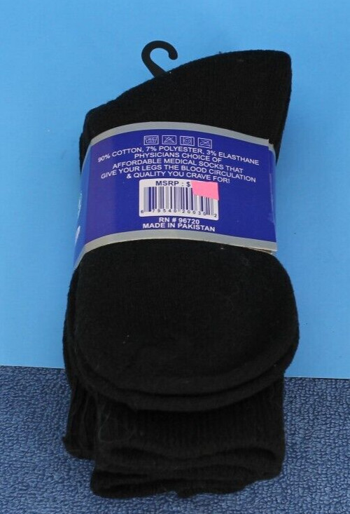 Diabetic Socks Dr Hero Black Size 9-11 shoe size 4-10 3 pair 90% Cotton RN96720