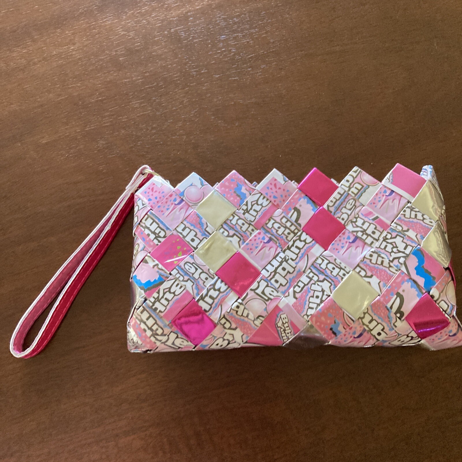Nahui Ollin Clutch Purse (9″ x 4″) Bubble Yum Wrapper Wristlet Pink Purse