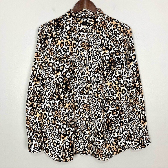 Talbots Classic Cotton Leopard Shirt Women’s Size L Button Front Neutral Chic