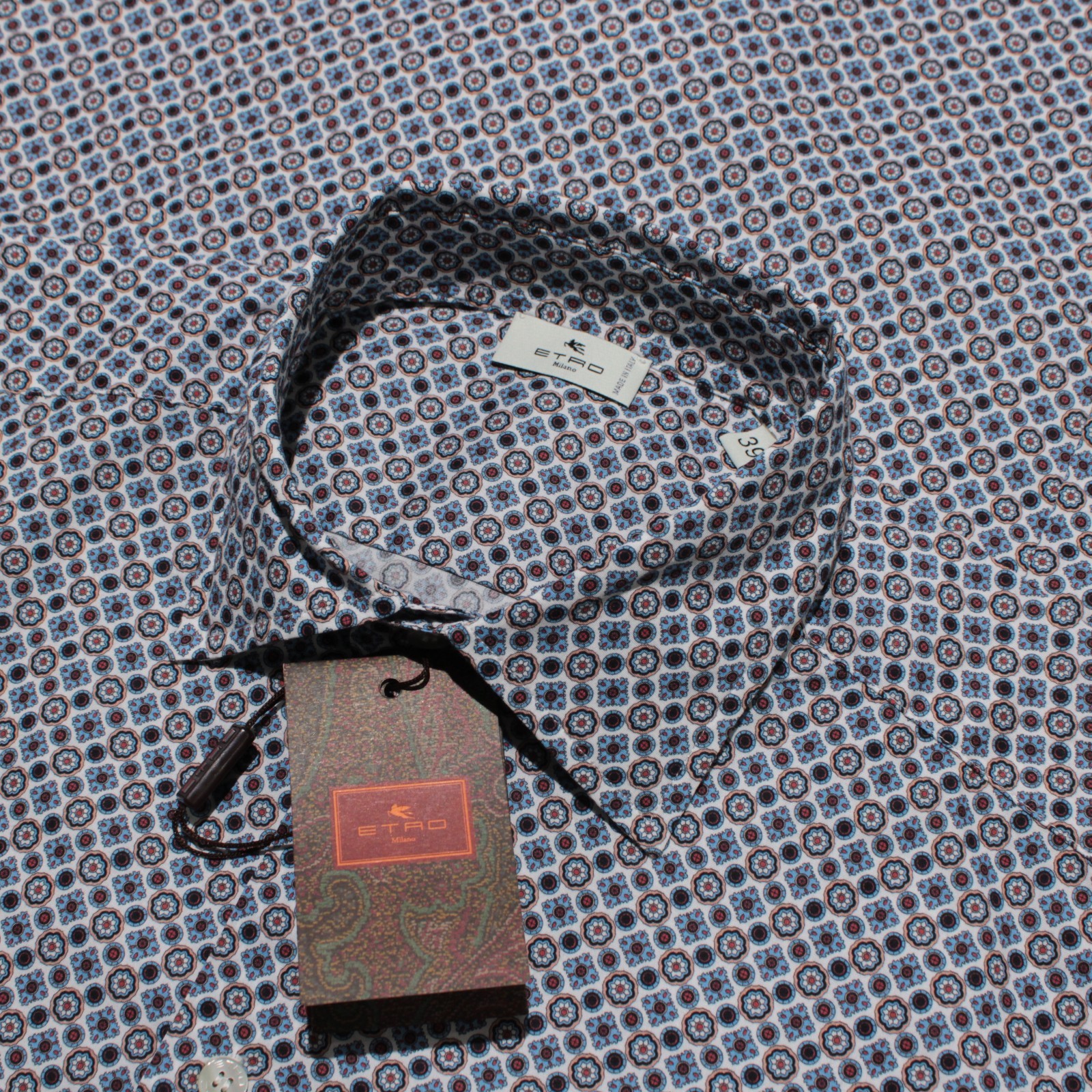 Etro NWT Dress Shirt Size 39 (M US) Blue / White / Beige / Red Geometric Print