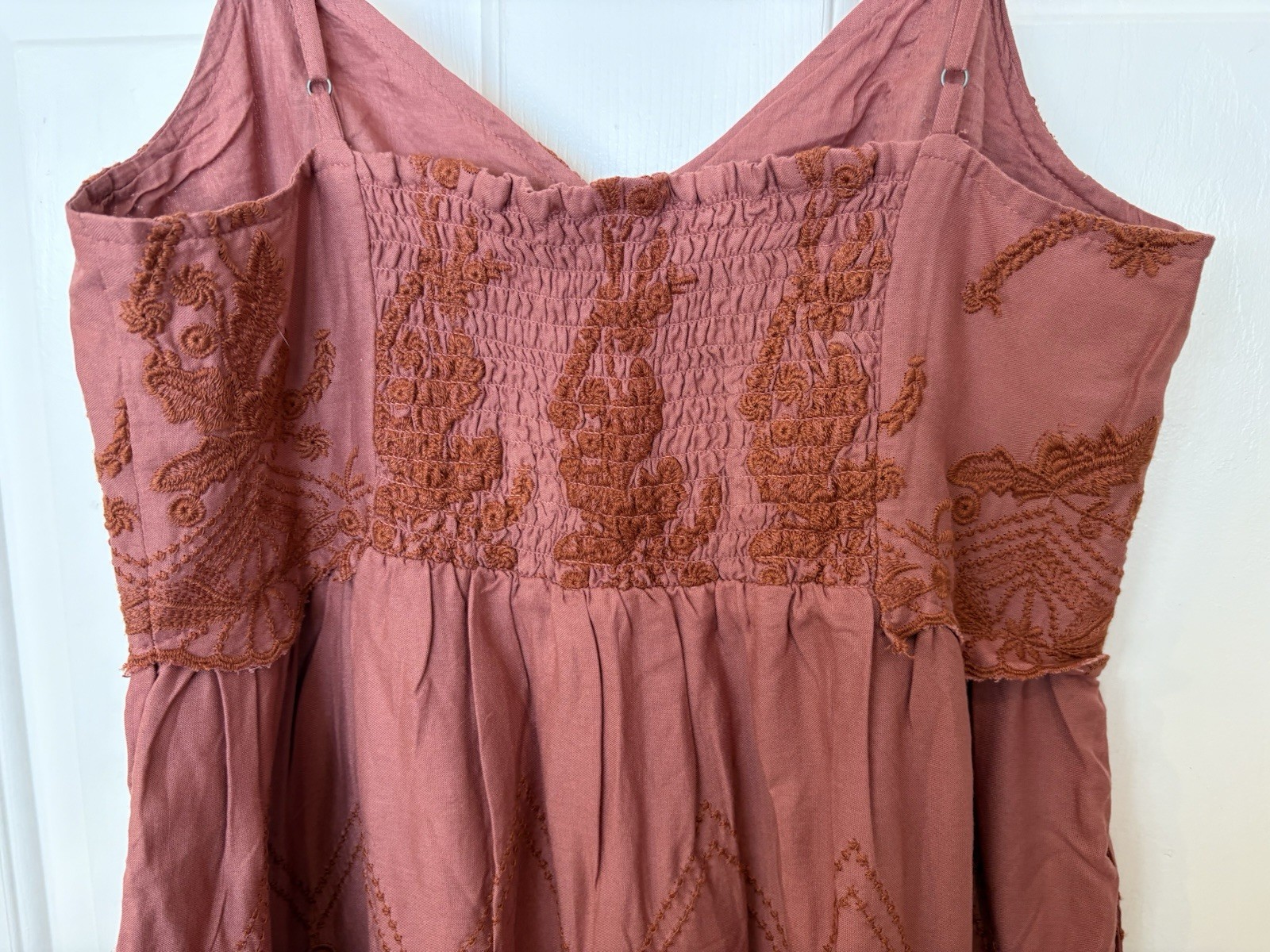 Boot Barn Cleo + Wolf Brina Boho Embroidered Mini Dress Scalloped Brick Red S